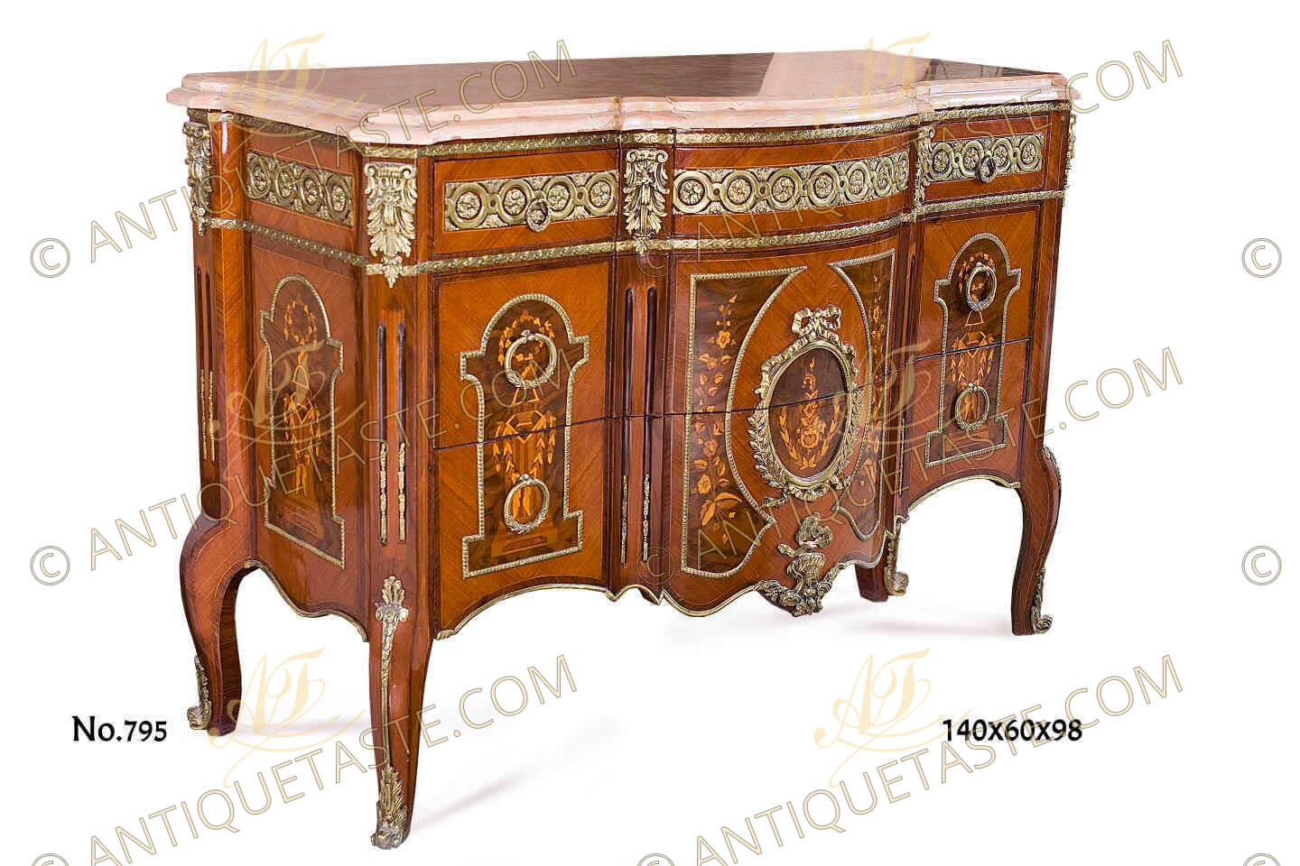 A transitional French marquetry commode, after the model by Pierre Antoine Foullet, late 19th century, with featured molded and shaped marble top above ormolu engraved bands on two small drawers to each side supported by a conforming case of two larger drawers, with ormolu mounts ornamentation of ormolu bands, foliate ormolu mounts and ribbons, light and dark inlays of marquetry and veneers raised on cabriole legs with foliate ormolu cast sabots
